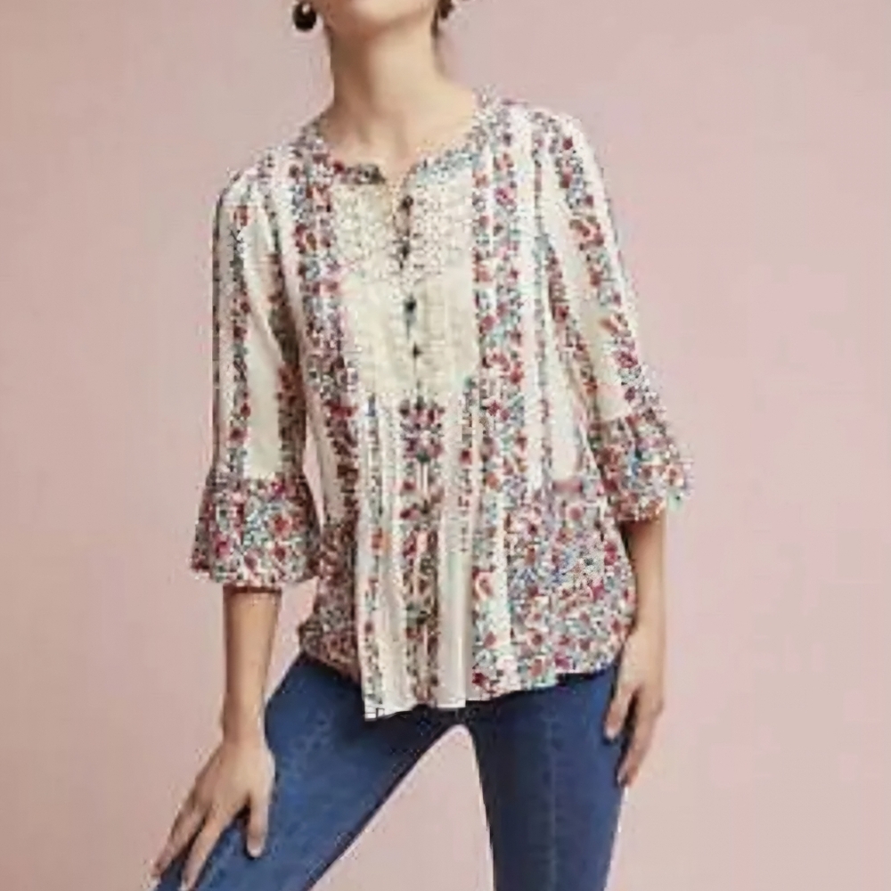 NWT Maeve Anthropologie Hiver Floral Ivory Peasant Blouse Boho Rayon 4